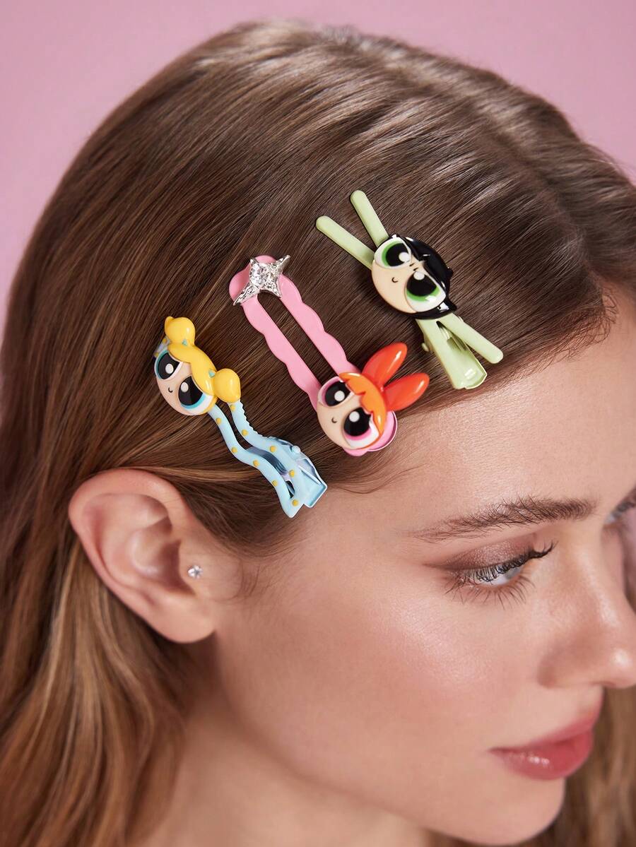 THE POWERPUFF GIRLS X SHEIN 3 buah Jepit Rambut Motif Kartun Lucu, Hadiah, Penjepit Rambut - MultiWarna - View 1