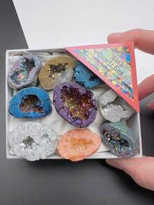 9 Pcs Natural Healing Crystal Raw Stone Box Set, Electroplated Colored Asymmetrical Agate Geodes & Crystal Clusters, Energy Mineral Specimens For Educational Display, Holiday Gift For Men & Women - Multicolor - View 5