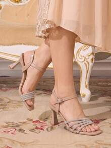 CUCCOO TILAWA Ladies Rhinestone Decorative Elegant High Heel Sandals Light Khaki Spring Shoes Easter Dinner Shoes Christmas, Valentine's Day High Heels - Light khaki - View 4