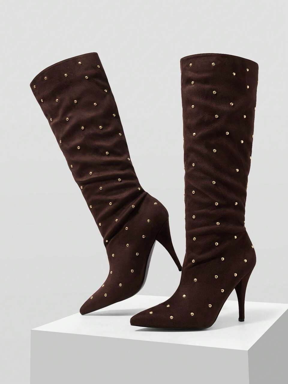 MOTF AUTUMN AND WINTER NEW POINTED THIN HEEL COMFORTABLE VERSATILE COMMUTER FASHION WOMEN'S BOOTS MAILLARD STYLE RETRO RIVET HIGH BOOTS AND KNEE BOOTS