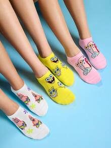 SpongeBob SquarePants | SHEIN 3雙女款透氣柔軟隱形船襪，襪頭與腳跟加強耐磨，四季可穿 - 彩色 - 查看 1