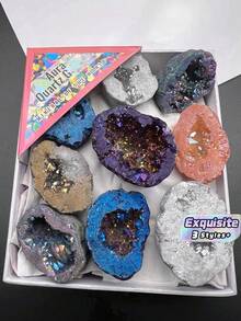 9 Pcs Natural Healing Crystal Raw Stone Box Set, Electroplated Colored Asymmetrical Agate Geodes & Crystal Clusters, Energy Mineral Specimens For Educational Display, Holiday Gift For Men & Women - Multicolor - View 1