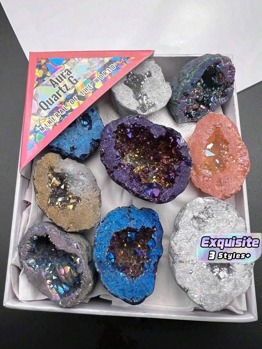 9 Pcs Natural Healing Crystal Raw Stone Box Set, Electroplated Colored Asymmetrical Agate Geodes & Crystal Clusters, Energy Mineral Specimens For Educational Display, Holiday Gift For Men & Women - Multicolor - View 1