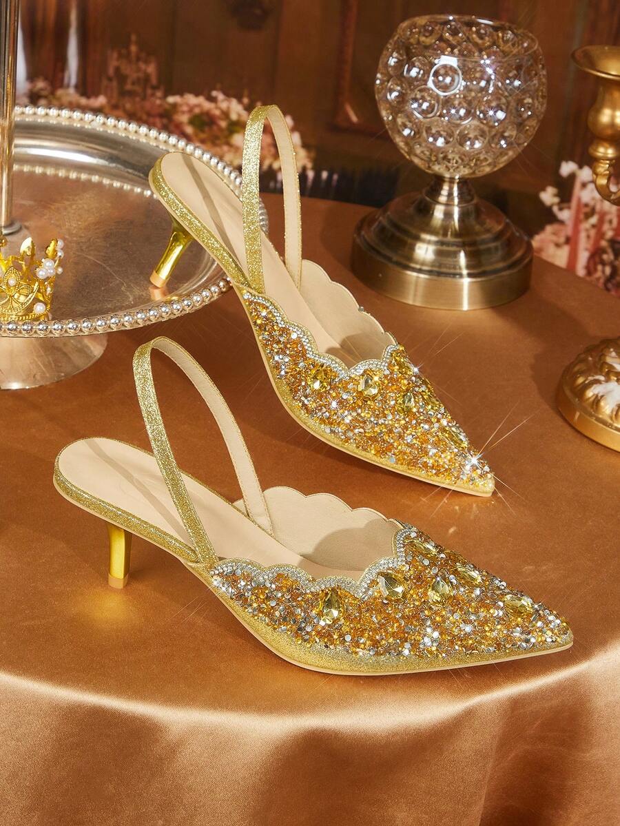 CUCCOO TILAWA Women's Fashion Electroplating And Glass Rhinestone Pointed Women's High-Heeled Shoes, Suitable For Going Out, Banquets, Parties And Other Activities Fall Shoes - Gold - View 1