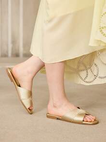 MOTF LADIES' ELEGANT GOLD WOVEN FLAT SLIPPERS, SQUARE OPEN-TOE - SUMMER SANDALS FOR DAILY/BEACH CASUAL COMFORT - Gold - View 8