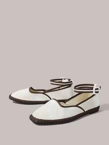 Styleloop Sepatu Flat Wanita Warna Beige Vintage dengan Tali Beludru - Krem - View 9