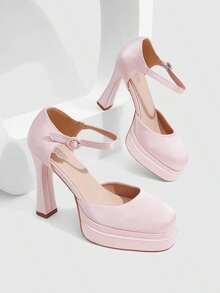 CUCCOO SZL Women's Chunky Heel Platform Ankle Strap Evening Party Date Thick Sole High Heel Pumps - Baby Pink - View 3