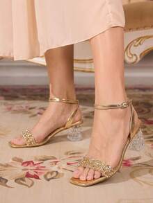 CUCCOO TILAWA Women's Fashion Crystal Glass Rhinestone Embellished High-Heeled Sandals Are Perfect For Outdoor Events And Parties - Champagne - View 8