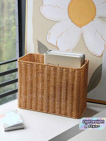 1PC Handwoven Lace Trim Bohemian Style Multipurpose Decorative Storage Basket Magazine Newspaper File Holder Organizer Caddy For Living Room Office Sofa Side Table Bedside Bookshelf Entryway Hallway Narrow Gap Space Saving Home Decor Essential Must