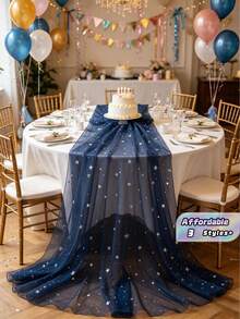 1pc/5pcs Navy Blue Shiny Mesh Table Runner, Solid Color Tabletop Cover For Birthday, Wedding & Banquet Decor - Dark Blue - View 2