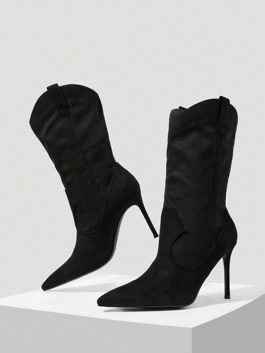 MOTF AUTUMN AND WINTER NEW PURE BLACK SIMPLE WESTERN COWBOY BOOTS, POINTED THIN HEELS, SEXY COMMUTING DATING VERSATILE ALL-MATCH WESTERN BOOTS - Quiet Night - View 2