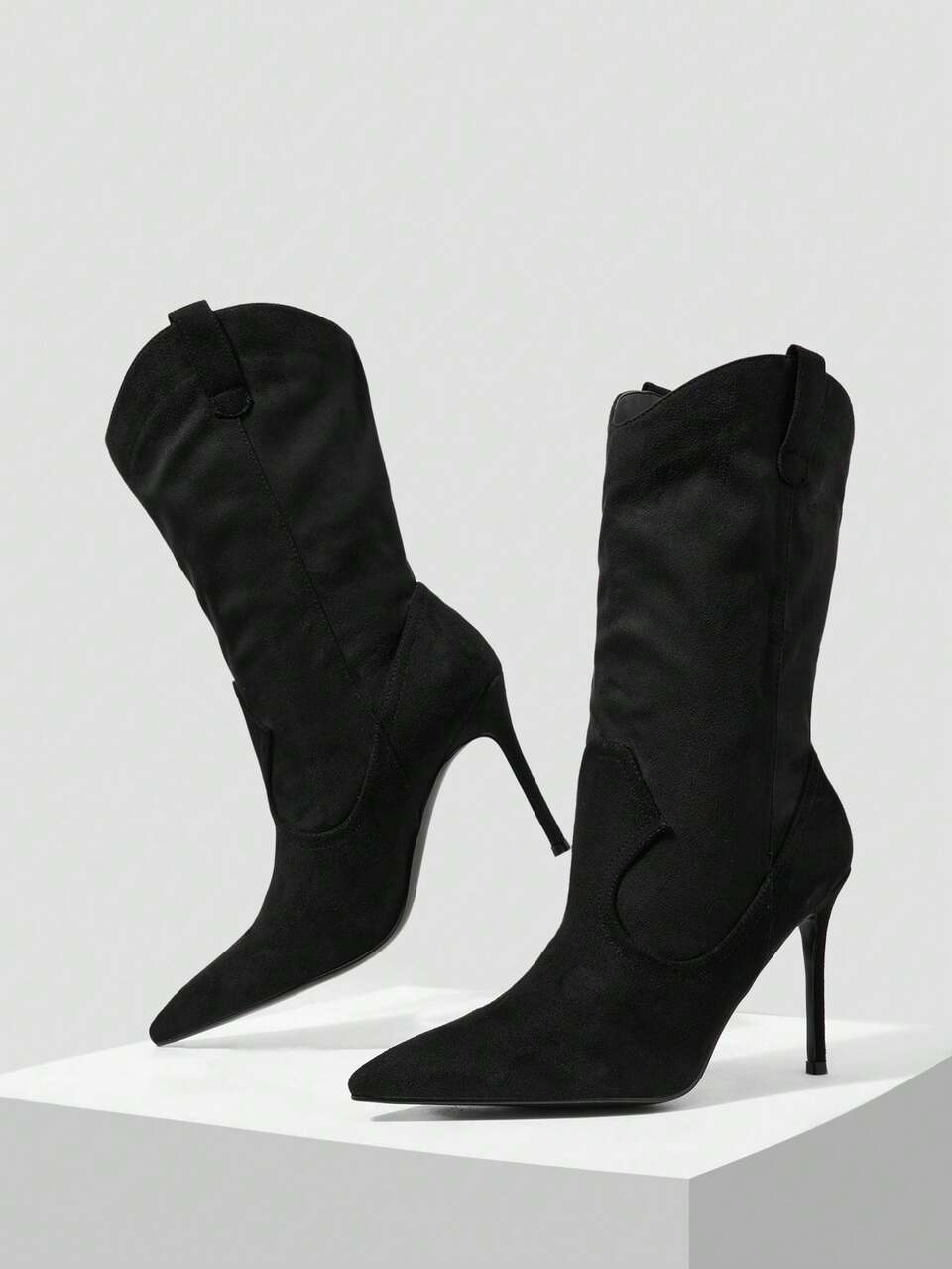 MOTF AUTUMN AND WINTER NEW PURE BLACK SIMPLE WESTERN COWBOY BOOTS, POINTED THIN HEELS, SEXY COMMUTING DATING VERSATILE ALL-MATCH WESTERN BOOTS