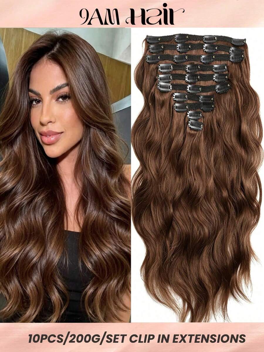10Pcs 200g/Set Chocolate Brown Natural Wave Clip In Human Hair Extensions Bouncy Wave Clip In Hair Weft Volume-Enhancing Wavey Extension Loose Bundles For Women - S4 - View 1