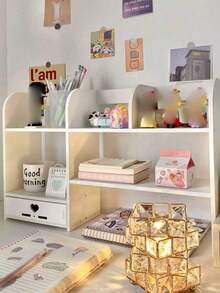 1PC Wood Plastic Composite Multifunctional Desktop Storage Rack Space Saving Cosmetic Organizer Book Pen Holder Display Shelf White Bedroom Living Room Office Dorm Desk Organization For Perfume Lipstick Figure Calendar Mask - White - View 2