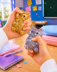1pc Gold Glitter Bear Squeeze Figure With Clear Jelly Texture, Shimmer Filled Animal Shape In Yellow Striped Window Box, Soft Handheld Squishy Ornament For Desk Decor And Shelf Display - Multicolor - View 3