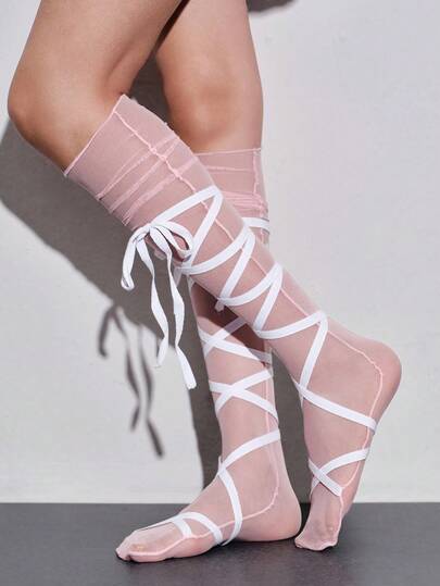 ROMWE Anime Y2k Ballet Style Long Tube Thin Stackable Socks Cover, With Straps To Prevent Slippage, Fashionable Women's Leg Cover, Suitable For Daily, Dating, Par
