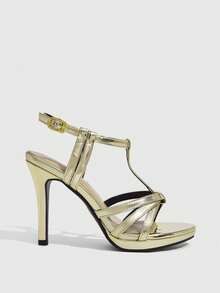 CUCCOO SZL Women's Fashion Gold Waterproof Table Round Toe Thin Heel High Heel Sandals - Gold - View 2