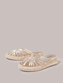 Styleloop Sandal Platform Wanita dengan Hiasan Garis Emas, Gaya Pomessian, Cocok untuk Liburan, Kencan Sehari-hari, Pantai, Perjalanan Santai - Emas - View 3