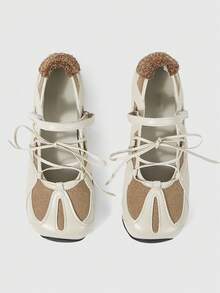 ROMWE Grunge Punk Ladies Ballet Flats Lace-Up Soft-Sole Loafers Mary Jane Shoes JK Uniform Shoes Platform Heels Back To School Christmas Fall Shoes - Beige belt - View 1