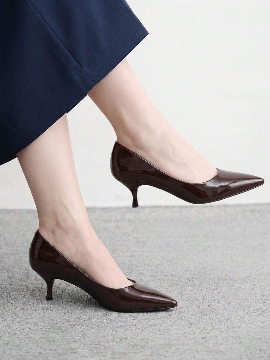 CUCCOO BIZCHIC 女款尖頭優雅高跟單鞋，細跟低鞋口，舒適通勤，百搭職場專業鞋 - 咖啡棕 - 查看 1