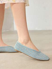 MOTF WOMEN LIGHT BLUE HOLLOW OUT SQUARE TOE FLATS SPRING SHOES FALL SHOES - Blue and White - View 6