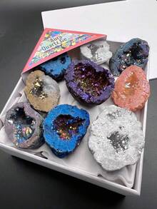 9 Pcs Natural Healing Crystal Raw Stone Box Set, Electroplated Colored Asymmetrical Agate Geodes & Crystal Clusters, Energy Mineral Specimens For Educational Display, Holiday Gift For Men & Women - Multicolor - View 9