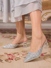 CUCCOO TILAWA Women's Crystal And Glass Rhinestone Pointed Women's High-Heeled Shoes, Suitable For Going Out, Banquets, Parties And Other Activities - Silver - View 8