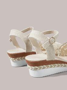 Styleloop Zapatos de plataforma y cuña sin cordones para mujer, punta puntiaguda con decoración de hebilla, adecuados para la temporada de vacaciones, primavera/verano - Malla blanca - Ver 9