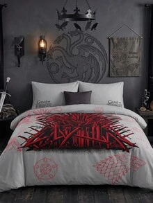 Game of Thrones X SHEIN 3件組灰色底遊戲雙面印花被套組，磨毛材質，柔軟保暖，多尺寸可選，適用單人床/雙人床/Queen床/King床，可機洗 - 灰色 - 查看 4