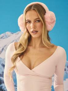 Aralina Women's Winter Fuffy Soft Cute Foldable Earmuffs With Embroidered Logo - Pink - View 4
