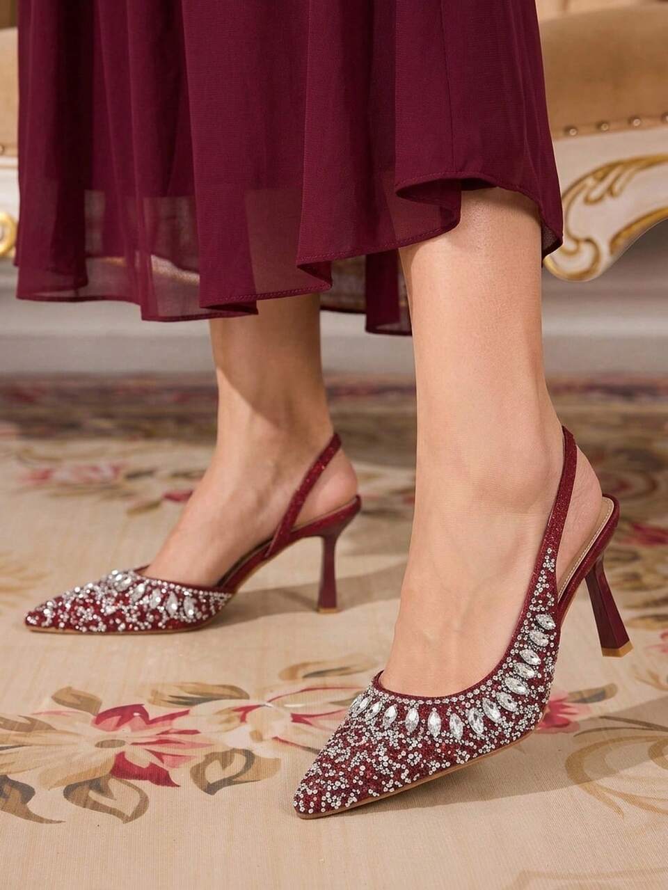 CUCCOO TILAWA Women Shoes Pointed Stiletto Burgundy Rhinestones Gorgeous Fashion Party Banquet Wedding Ladies High Heel Shoes Slingback Women's Shoes Fall Shoes
