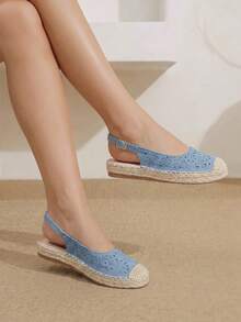 Styleloop Women's Flat Bottom Round Toe Electric Embroidery Flower Hollow Hemp Rope Beach Leisure Holiday Sandals, A Must For Travel, Holiday Wear, Summer Wear - Baby Blue - View 4