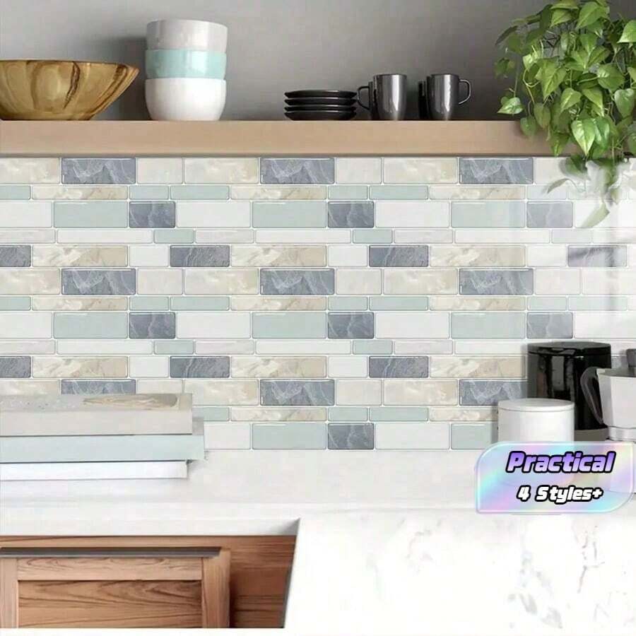10/20/30/50pcs Self-Adhesive Decorative Kitchen Stickers (These Are Decorative Stickers, Not Real Tiles), 2d Flat Mixed Color Asymmetric Brick Pattern Wall Stickers, Wallpaper, Tile Stickers, Wall Decor Stickers, Tile Decor Stickers, - Multicolor - View 1