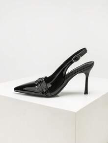 CUCCOO SZL Women's Shoes Fashion PU Material Pointed Stiletto High Heels, Double Strap Simple Glossy Design, Suitable For Commuting Parties - Black - View 2