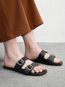 CUCCOO BIZCHIC 夏季新款黑色單扣女式平底涼拖鞋 休閒時尚百搭舒適通勤女鞋 - 黑色 - 查看 6