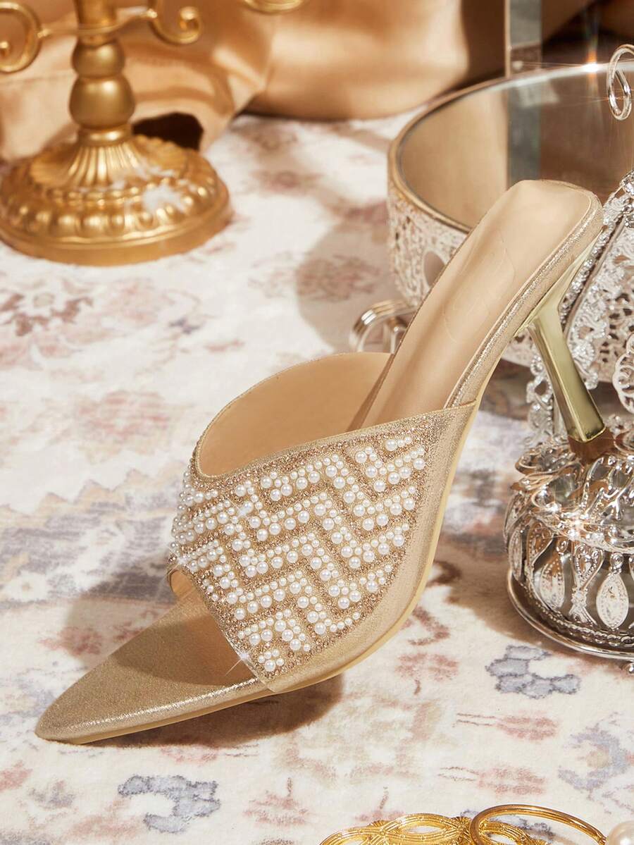 CUCCOO TILAWA Women's Light Gold Full Rhinestone & Pearl Fan-Shaped High Heel Sandals, Party Style Open Toe Stiletto Heels - Light gold - View 1