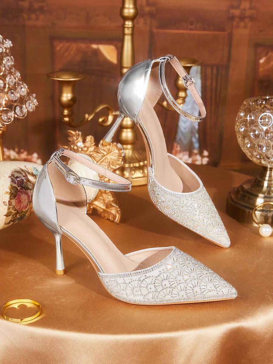 CUCCOO TILAWA Summer Ladies Elegant Luxury Rhinestone Hollow Sandals Shopping Party Commuter Office Fashion Pointed High Heels - Silver - View 1