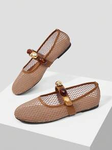 MOTF PREMIUM RETRO BROWN MESH KNIT MARY JANE SHOES, ROUND TOE SOFT SOLE DAILY WALKING FLAT PUMPS FOR WOMEN FALL SHOES - Camel - View 9