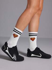 SUPERMAN X SHEIN 1 Pair Of Striped Tube Socks - White - View 4