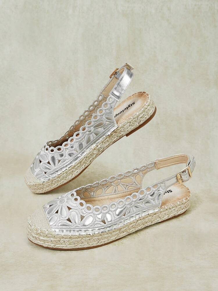 Styleloop Fashion Silver Embroidered Flower Hollow Hemp Rope Bottom Women's Flat-Bottomed Shoes Comfortable And Breathable Commuting Suitable For Vacation - Silver - View 8