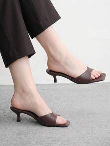 CUCCOO BIZCHIC 女款春夏新款棕色一體式露趾高跟涼鞋拖鞋，簡約時尚舒適百搭通勤款 - PU咖啡 - 查看 1
