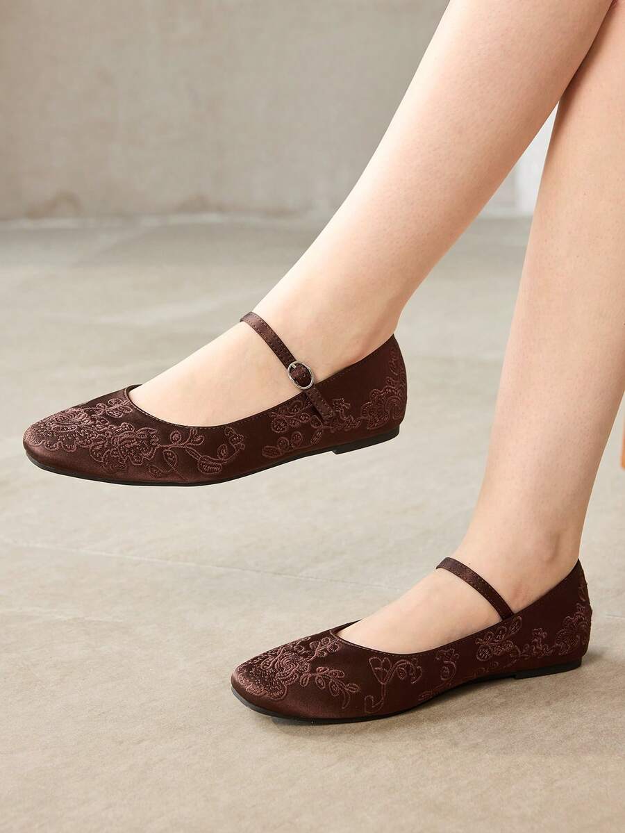 MOTF WOMEN ELEGANT VERSATILE COMMUTING VELVET FLORAL EMBROIDERY BUCKLE STRAP FLATS FOR CHRISTMAS VALENTINE'S DAY SPRING SHOES FALL SHOES - Chocolate Brown - View 2