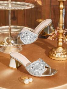 CUCCOO TILAWA Women's Fashion Crystal Glass Rhinestone Embellished High-Heeled Sandals For Outdoor Events And Parties - Silver - View 1