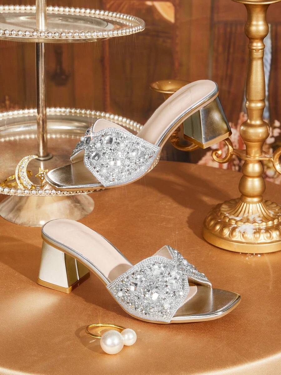 CUCCOO TILAWA Women's Fashion Crystal Glass Rhinestone Embellished High-Heeled Sandals For Outdoor Events And Parties - Silver - View 1