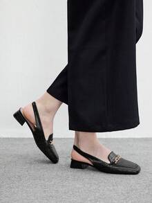 CUCCOO BIZCHIC 女款方頭低跟黑色壓紋後束帶金屬鍊條露跟鞋，適合通勤、戶外、購物等多用途穿搭 - 黑色6 - 查看 3