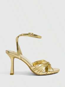 CUCCOO SZL Women Shoes Light Gold PU Cross With Pleated Craft Ankle Strap Fashion Round Toe Daily Travel High Heel Sandals - Light gold PU - View 3