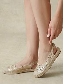 Styleloop 時尚金色刺繡花卉鏤空麻繩底女款平底鞋，舒適透氣，適合通勤、度假旅行與海灘 - 金色 - 查看 3