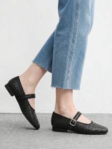 CUCCOO BIZCHIC Spring Commuter Woven Pattern Buckle Square Top Low Heel Black Soft Leather Retro Low Vamp Mary Jane Shoes - Black - View 4