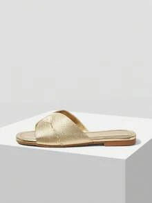 MOTF LADIES' ELEGANT GOLD WOVEN FLAT SLIPPERS, SQUARE OPEN-TOE - SUMMER SANDALS FOR DAILY/BEACH CASUAL COMFORT - Gold - View 3