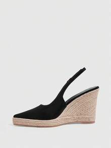 CUCCOO SZL Spring/Summer Buckle Design Pointed Toe Straw Woven Wedge Heel Retro Style Black Backless High Heel Sandals For Vacation And Commuting Fall Shoes - Black fleece - View 4